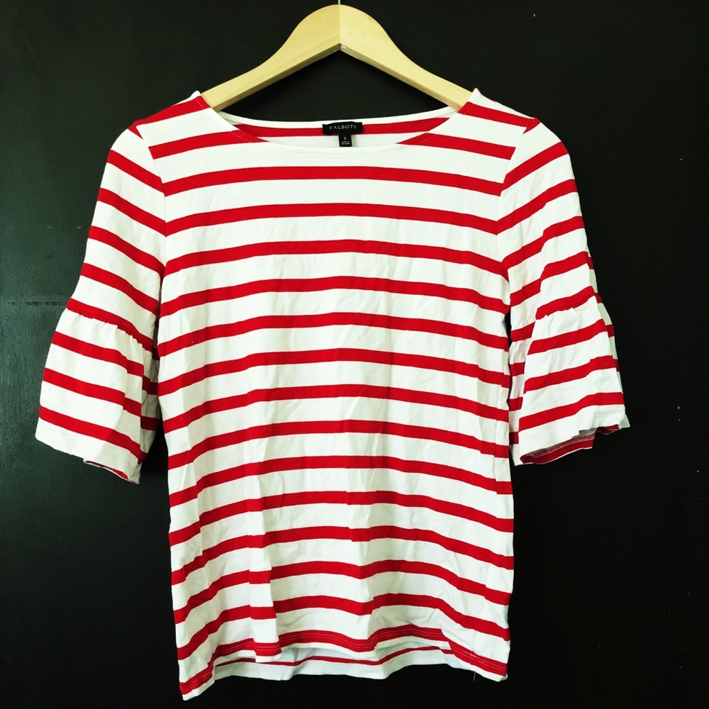 Red/white striped boatneck bell sleeve blouse